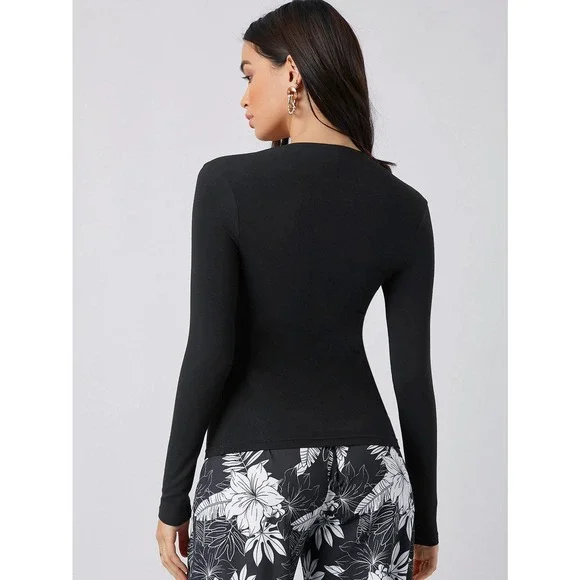 Square Neck long sleeve fitted Top black - Picture 2 of 11